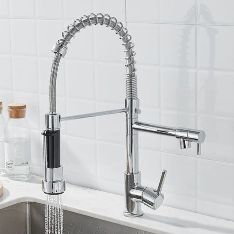 Robinet de cuisine, pulvérisateur à tirette Robinet à ressort, tout en cuivre, eau chaude et froide rotative double mode avec tête de pulvérisation à 2 sorties (jet et pulvérisation) - Galvanoplastie (1/5)
