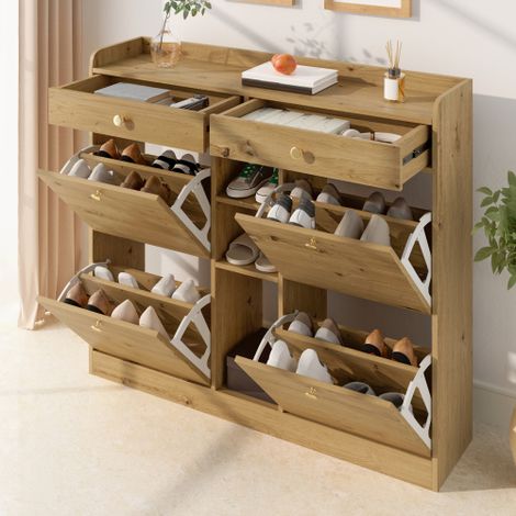 Élégant meuble à chaussures avec 4 portes basculantes, 2 tiroirs et 3 compartiments ouverts – Idéal pour les couloirs et entrées modernes