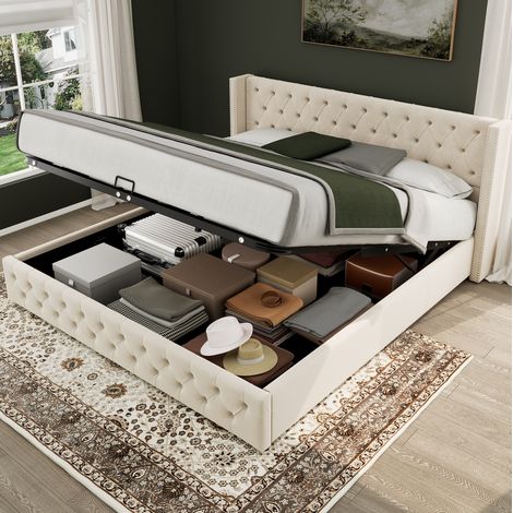 MEUBLIV Lit double capitonné chesterfield avec coffre de rangement velours beige 140 x 200 cm avec sommier à lattes (1/5)