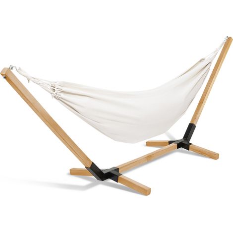 Idmarket – Hamac sur pied en bois – Toile écrue lavable – Charge maximale 150 kg – Dimensions 270 x 105 x 95 cm – Facile à monter et à déplacer