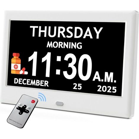 Digital calendar clock, 12 alarm options with auto-dimming, 7-inch extra-large full-text day and month display (1/5)