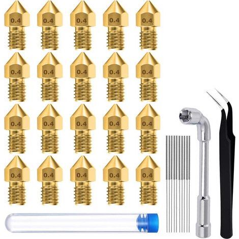 Packung mit 20 MK8 0,4 mm 3D-Druckerdüsen, Messing-Druckköpfen mit Reinigungswerkzeug, 1 Steckschlüssel und 1 Pinzette. (1/5)
