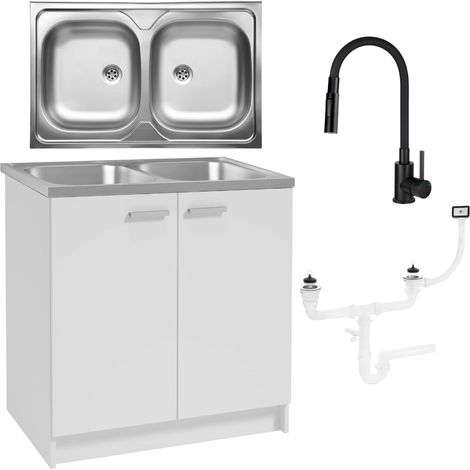 Küchenunterschrank mit Spüle 2 Kammern - 80 x 50 cm - Weiß - Flexibler Wasserhahn 2in1 - Praktisch und Elegant (1/5)