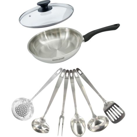 Set poêle 24 cm en inox, couvercle verre et 6 ustensiles inox Fackelmann Geneva (1/5)