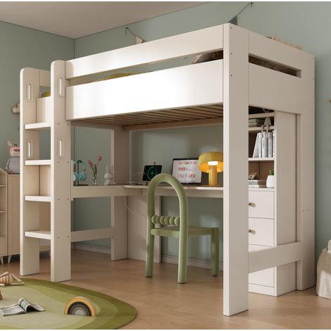 Letto rialzato bambini 90x200 cm con scrivania a L, ripiani, 3 cassetti e porta USB/Type-C, senza materasso, bianco (1/5)