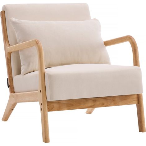 Habitat Et Jardin – Fauteuil scandinave en bois d'eucalyptus – Tissu en lin beige – Dimensions 64.5 x 81 x 77 cm – Hauteur d'assise 40 cm