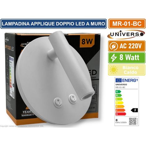 UNIVERSO MR-01-BC LAMPADA APPLIQUE LED DA PARETE DOPPIA SORGENTE LUMINOSA CRIENTABILE CON INTERRUTTORI COLORE BIANCO LUCE CALDA 3000K (1/5)