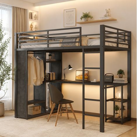 Letto soppalco bambino 90x200 cm con scrivania, LED, prese USB e Type-C, spazio contenitore, struttura in metallo nero (1/5)