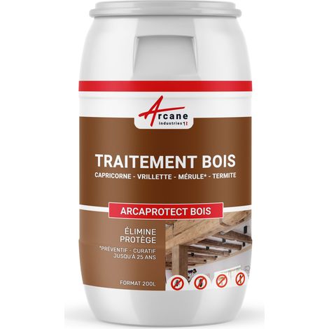 Arcane Industries – Traitement bois préventif et curatif contre insectes et champignons – 200 L – Pour charpentes, poutres, terrasses – Incolore, prêt à l'emploi (1/5)