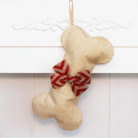 Chaussettes de Noël neuves en lin pour chien, motif os, en jute naturel, pour animaux de compagnie - 40,6 cm x 20,3 cm, nœud papillon rouge (1 paquet) (1/5)