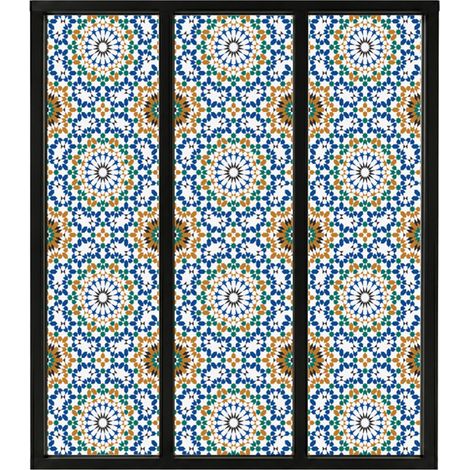 Verrière atelier intérieure aluminium noir 3 vitrages 102 x 117 cm - Décor oriental - Zeljane - bleu et multicolore et transparent - Verre trempé (1/5)