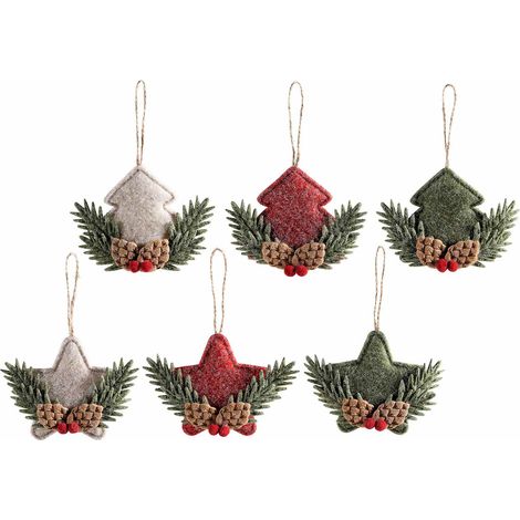 Decorazioni natalizie in stoffa a forma di stella e albero con decori pigne e bacche, da appendere, set da 12 pezzi, Albero: cm 13 x 10,5 H