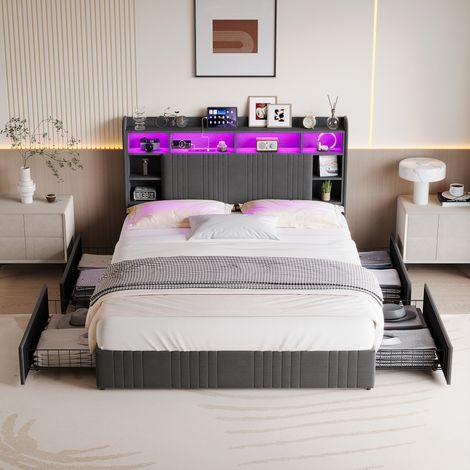 Lit double 160 × 200 cm – Tête de lit rembourrée lin – Éclairage LED RGB et port USB – 4 tiroirs de rangement – Sommier inclus – Structure robuste – Chambre adulte chambre adolescent – Gris (1/5)