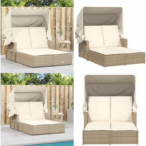 Chaise longue double avec auvent et coussins beige poly rotin - Chaises Longues - Chaises Longues Doubles - Bain De Soleil - Mobilier De Jardin - Salon De Jardin - Home & Living (1/5)