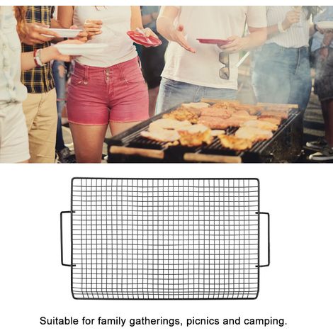 Grille de barbecue portable en fer antiadhésif avec poignée, idéale pour les barbecues en plein air et le camping. (1/5)