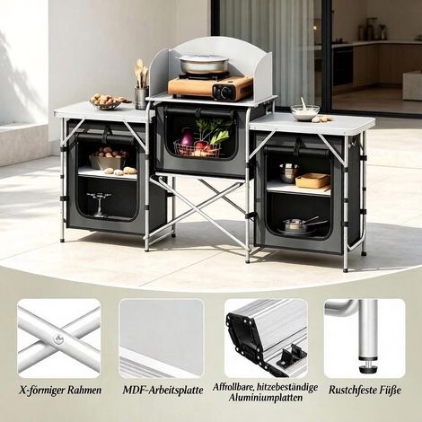 Meuble de cuisine, poste de cuisine d'extérieur pliable, îlot de cuisson d'extérieur stable avec système d'étagères intégré, îlot de cuisine de camping compact (meuble de cuisine uniquement) (1/4)