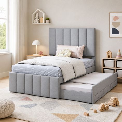 Cama nido infantil 90x200 cm de MDF y metal gris, con almacenaje para dormitorio, sin colchón -FLORAGRACE (1/5)