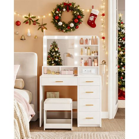 Coiffeuse avec miroir lumineux 3 couleurs – Bureau 90cm avec 5 tiroirs et 2 prises USB – Tabouret confortable inclus (1/5)
