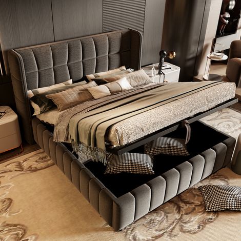 Cama tapizada moderna 180x200 cm con almacenaje elevable, somier de láminas y cabecero gris (1/5)