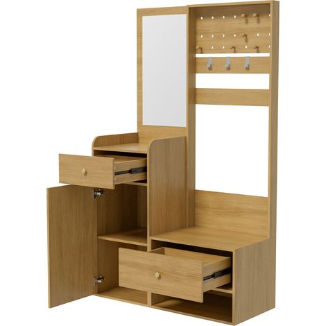 Perchero de recibidor con espejo 105 cm, 2 cajones y armario zapatero color madera HOMVRA (1/5)