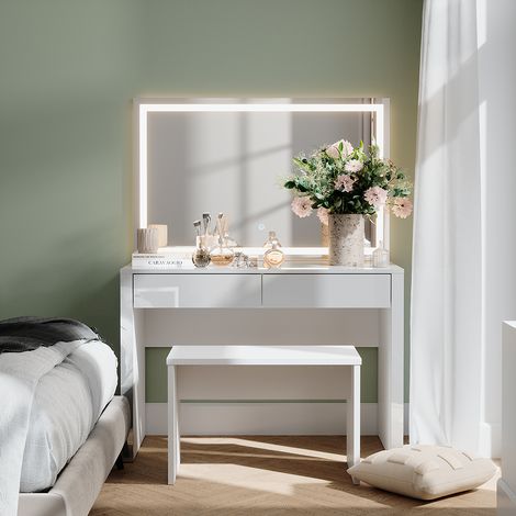 Tocador Annabelle, Blanco alto brillo/blanco, 110 cm con espejo LED y banco, Vicco