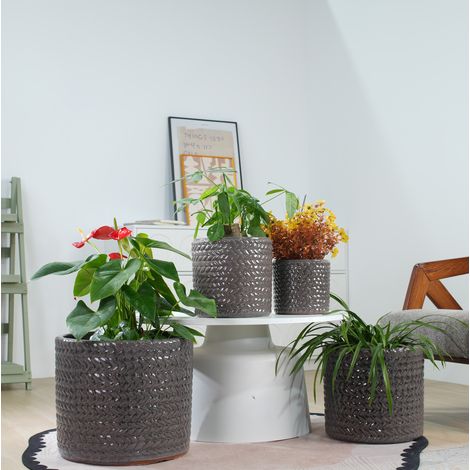 Pot de fleurs céramique Ø17,5 cm gris brillant, drainage, gain de place pour bureau FLORAGRACE (1/5)