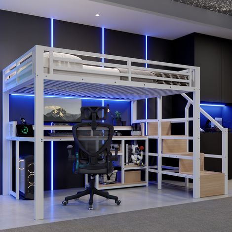 Hochbett 140 x 200 cm aus Metall und MDF mit Leiter, Regalen und LED, Weiß (1/5)