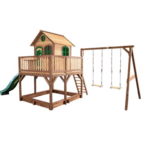 Axi Liam Maison Enfant Avec Bac À Sable, Balançoire 2 Agrès & Toboggan Vert Aire De Jeux Pour L'Extérieur En Marron & Vert Maisonnette / Cabane De Jeu En Bois Fsc (1/5)