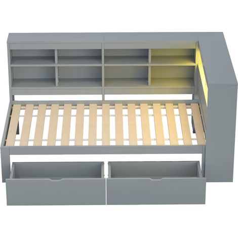 Letto singolo multifunzione 90x200 cm in legno con contenitori USB LED e cassetti grigio (1/5)