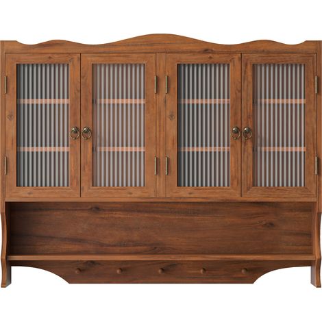 Armoire murale rétro 4 portes en bois massif et verre 100 cm avec étagères amovibles et porte-crochets, couleur marron (1/5)
