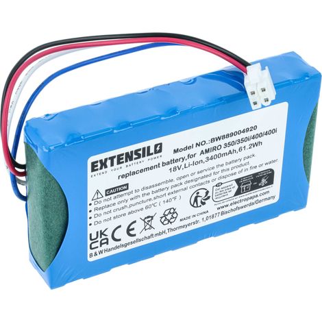 EXTENSILO Battery Replacement for Yard Force 1920726, GMBE-SP10283, GMBE-SP11571 for Robotic Lawnmower (3400mAh, 18 V, Li-Ion)