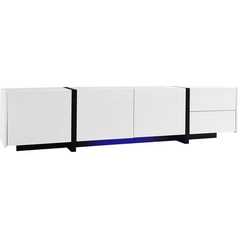 White High-Gloss TV Cabinet with Black Contrasting Table Legs - Modern Media Unit with Doors & Drawers, Slim Design for Living Room (1/5)