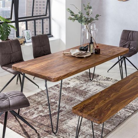 Esstisch Massivholz Esszimmer-Tisch Holztisch mit Metallbeinen dunkel-braun Natur-Produkt Massivholzmöbel B/H/T ca. 200/76/80cm (1/5)