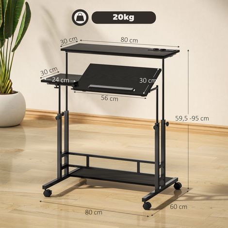 Escritorio Elevable con Ruedas Enchufes Puertos USB Altura Ajustable Panel Central Inclinado y Estante 80x60 cm Negro (1/5)