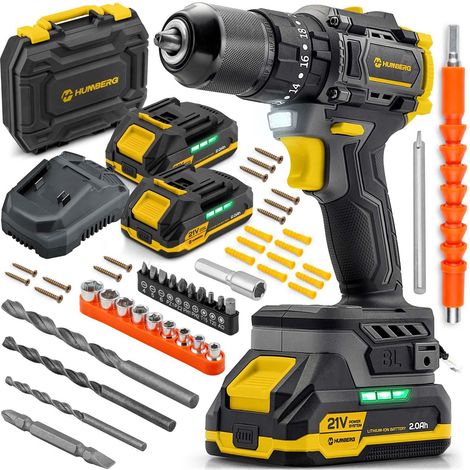 Cordless Hammer Drill 21V, 2 Batteries, Brushless Motor