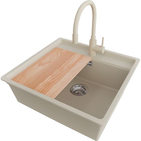PRIMAGRAN Evier Cuisine en Granit 56x53cm,Lavabo 1 bac + Robinet 38x14cm + Kit de Vidage + Planche à Découper, Évier à Encastrer au meuble 60cm - Bergen, Beige (1/5)