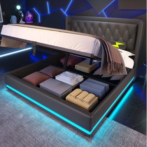 Cama con almacenamiento PU negra 160x200 cm, somier de láminas, LED 3 lados, cabecero acolchado con USB y Tipo-C (1/5)