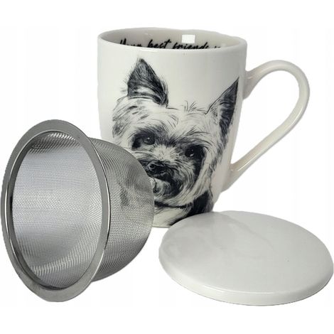 Taza grande de porcelana con infusor de té y diseño de Yorkshire Terrier. (1/5)