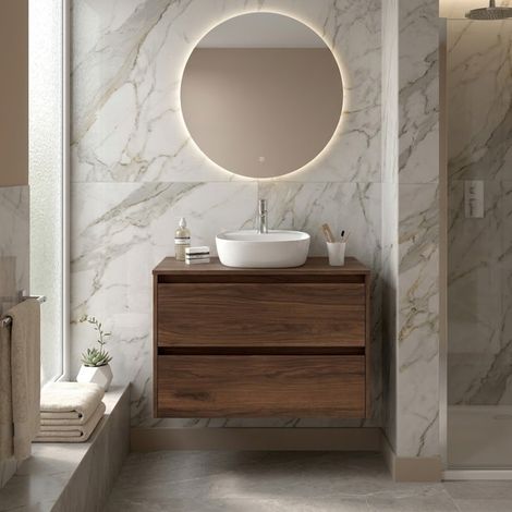 Mobile Bagno Sospeso 100 cm con 2 Cassetti e lavabo appoggio Noce Maya – Linea