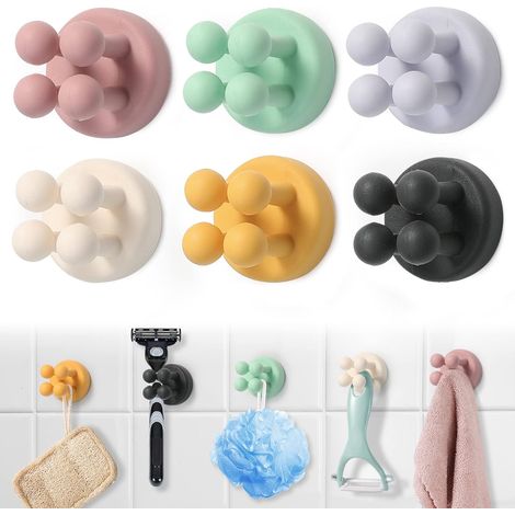 6-teiliges Rasiererhalter-Set, Duschrasiererhalter, wasserdichter Zahnbürstenhalter fürs Badezimmer, selbstklebende Wandhaken, kein Bohren erforderlich, multifunktionale Haken für Schwämme, Handtücher (1/5)