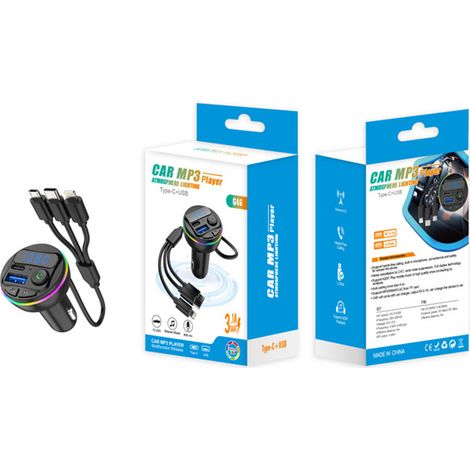 G45 Car MP3 FM Bluetooth Receiver Transmitter Car Charger with 3-in-1 Charging Cable and LED Seven-Color Package -- G46 Color Box Packaged Well (1/3)
