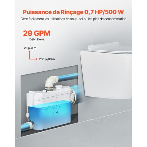 Pompe de macération, 500 W, pompe de puisard d'égouts de macération avec 3 entrées d'eau, 6600 L/h, levage 8 m pour élimination eaux usées, toilettes, cave, cuisine, évier, douche, baignoire (1/5)