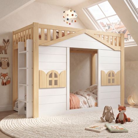 Hausbett 90x200 cm Weiß aus Kiefernholz und MDF mit Fenster und wendbarer Leiter (1/5)