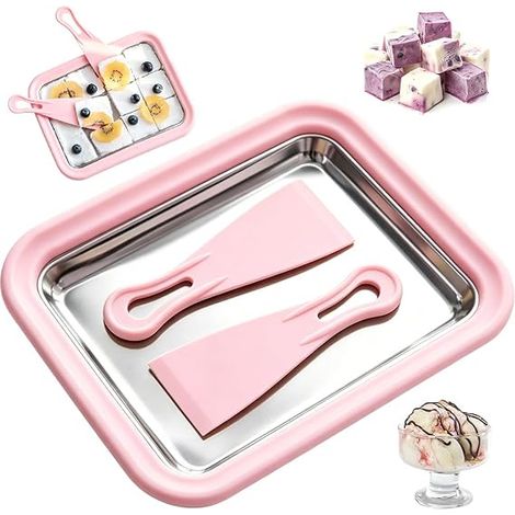 Instant Ice Cream Machine, Rolled Ice Machine with 2 Spatulas Rolled Ice Tray Ice Cream Rolls Machine DIY Ice Maker for Sorbet, Frozen Yogurt, Gelato (Pink) (1/5)