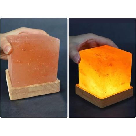 Lampe de sel de l'Himalaya USB à lumière chaude, lampe décorative d'ambiance avec base en bois massif, veilleuse en pierre de cristal naturel, fabrication artisanale (1/5)