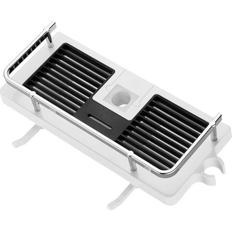 Organizador de ducha con jabonera, gancho y toallero. Autoadhesivo, inoxidable, para montaje en pared. Blanco. 23-25 mm.