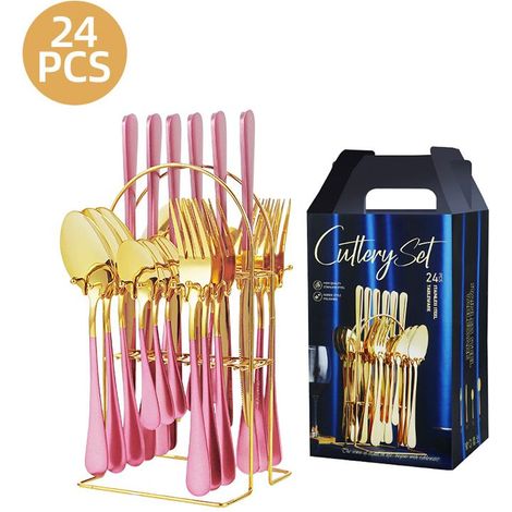 Ménagère 24 pièces - Acier inoxydable - Avec support - Finition miroir - Service de table 6 personnes - Compatible lave-vaisselle - Or rose (1/5)