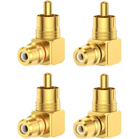 Lot de 4 Adaptateur 90 Degrés, Fiche RCA Angle Droit Mâle vers Femelle Plaqué Or, Connecteur RCA Coudé, Adaptateurs Audio Stéréo pour Connexion Vidéo et Audio (2 Rouges + 2 Noirs) (1/5)
