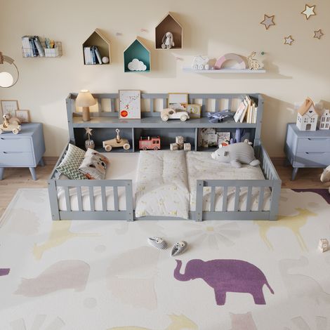 Hausbett für Kinder 90x200 cm – mit Staufächern und Sicherheitsbarrieren – Massivholz-Lattenrost inklusive – Grau