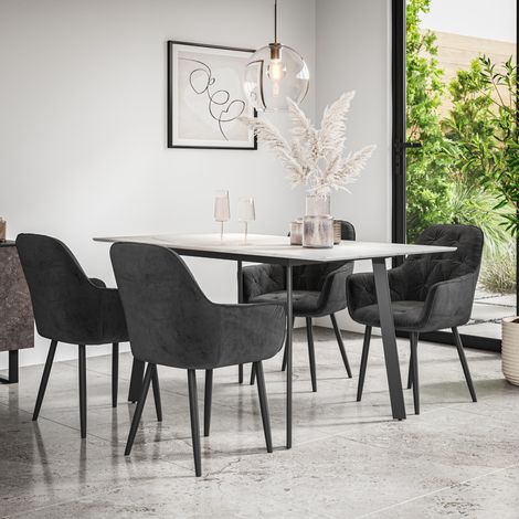 Haydon Extending Dining Table + Chairs- White Marble Effect Table Top w Black Legs + Anika Velvet Dining Chair Set Of 4 (Black) (1/5)